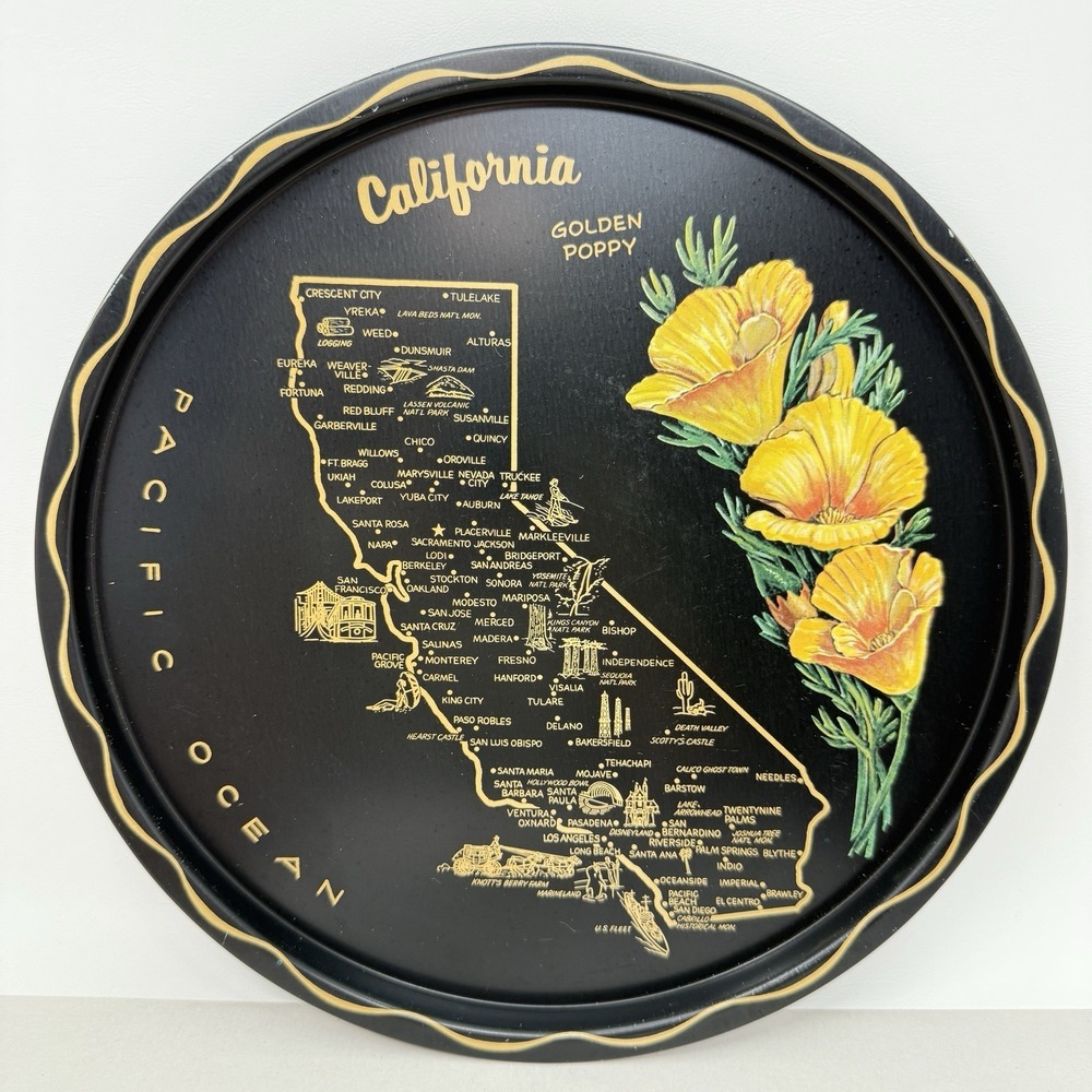 Vintage California State Tray MCM Kitschy Barware Graphic Souvenir Decor Platter